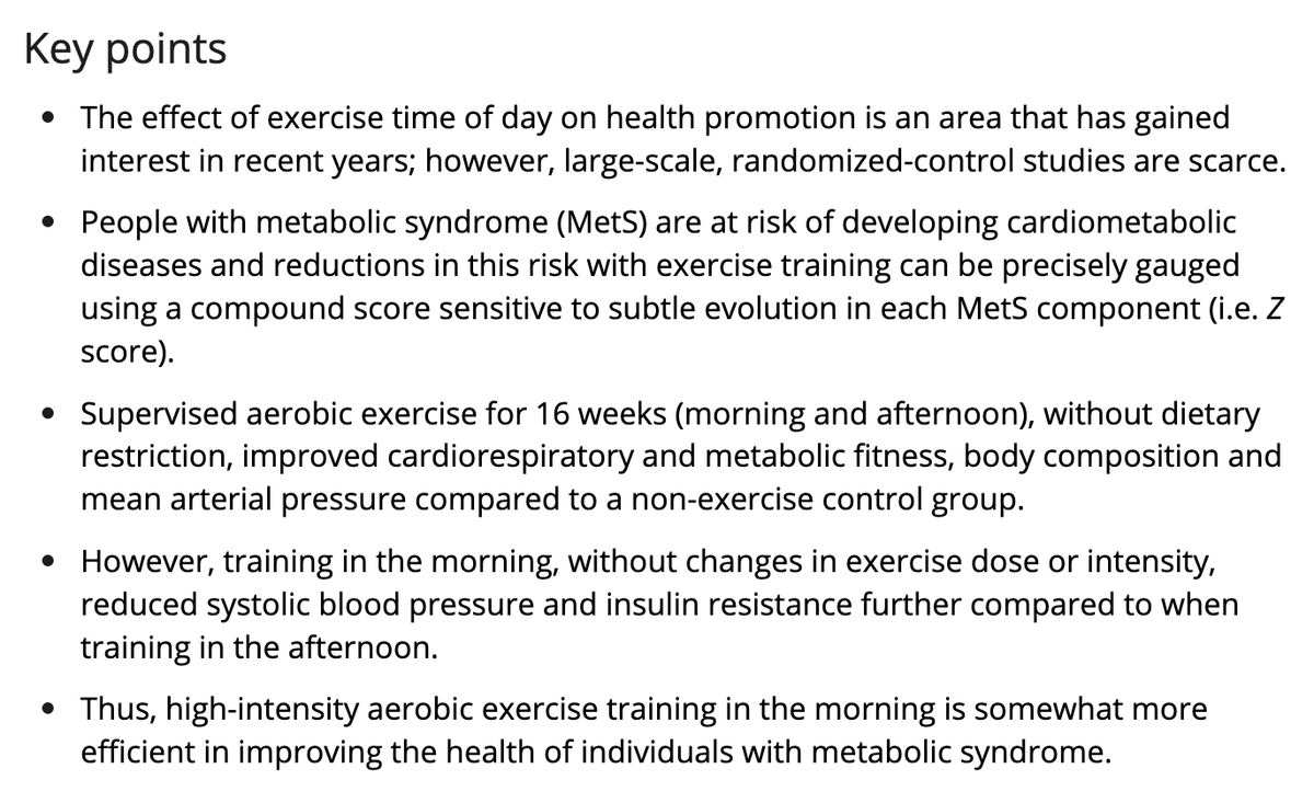PratikxPatel's tweet photo. MORNING VS AFTERNOON AEROBIC EXERCISE
What's best for those with metabolic syndrome?

After 16 weeks of HIIT, both groups showed improvements in (compared to control group):
-Body composition
-Waist circumference
-Blood pressure
-Cardiorespiratory fitness

The morning group showed greater reductions in:
-Systolic BP
-Fasting insulin 
-Insulin resistance
-Metabolic syndrome Z score

Morning exercise might be the best option for improving health in those with metabolic syndrome

PMID: 38015017