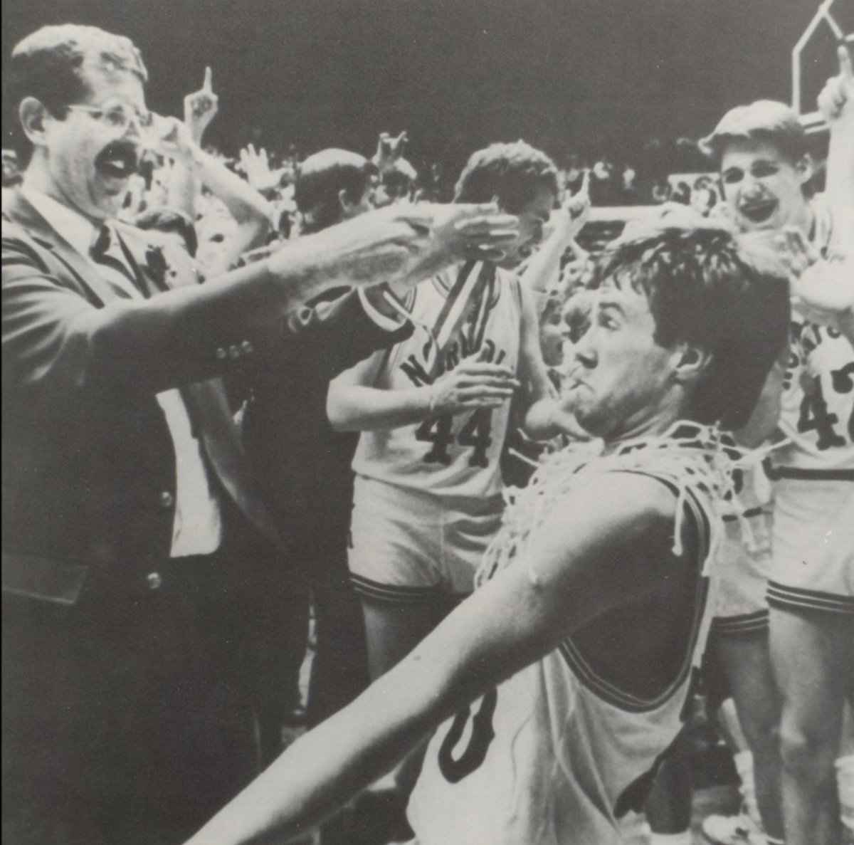 Coach Oman and the 1987 Norfolk Panthers celebrate the first out-state Class A title in 15 years.