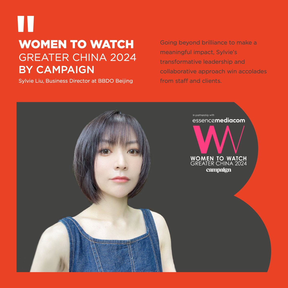 Congratulation to our very own Sylvie Liu from BBDO Beijing named Women to Watch Greater China 2024 by @Campaignmag and here's to continued success and inspiring impact on the world of marketing and advertising! 🚀