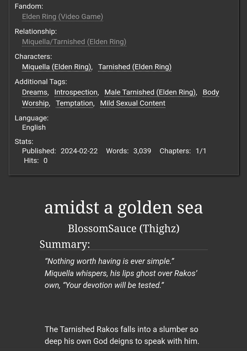 Is everyone asleep? Okay. Good.

Miquella/Tarnished fic incoming
archiveofourown.org/works/53980798