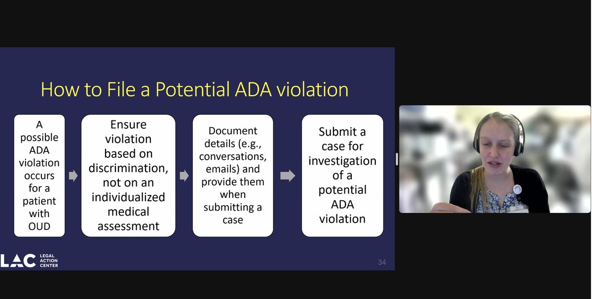 I learned a TON today from @AnnaMariaSouth and #RebekahJoab from @lac_news about the ADA and using anti-discrimination laws to advocate for patients with SUD. Some high yield slides attached. Thank you to both fantastic speakers!