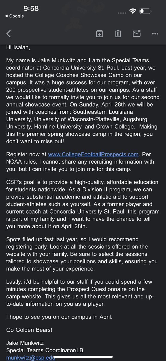 SlipOffZay's tweet photo. Thank You Coach Munkwitz and CSP coaching staff for reaching out and inviting me out to CSP campus and to camp this summer I am looking forward to this opportunity and meeting all you coaches!#GoGoldenBears @NWahlScouting @PrepRedzoneMN @my7on7 @TNTACADEMY1 @GoMVB @OJW_Scouting https://t.co/BUHeOtqzcg
