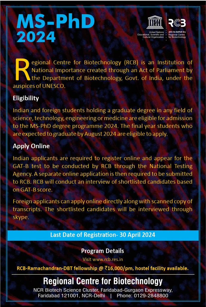 Call for applications for Integrated MS-PhD program at @unescorcb! Please refer to the poster for the details!! @DBTIndia @IndiaBioscience #MS #PhD #Research #Academics