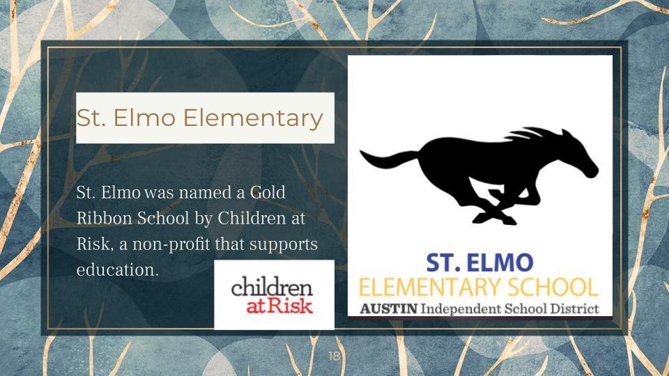 Grateful that <a href="/StElmoMustangs/">St. Elmo Elementary</a> were recognized by <a href="/Matias_AISD/">Matias Segura</a> and <a href="/LaKesha_Drinks/">La Kesha Drinks</a> for being named one of two Central Texas Gold Ribbon Schools by <a href="/childrenatrisk/">CHILDREN AT RISK</a> <a href="/Matias_AISD/">Matias Segura</a>