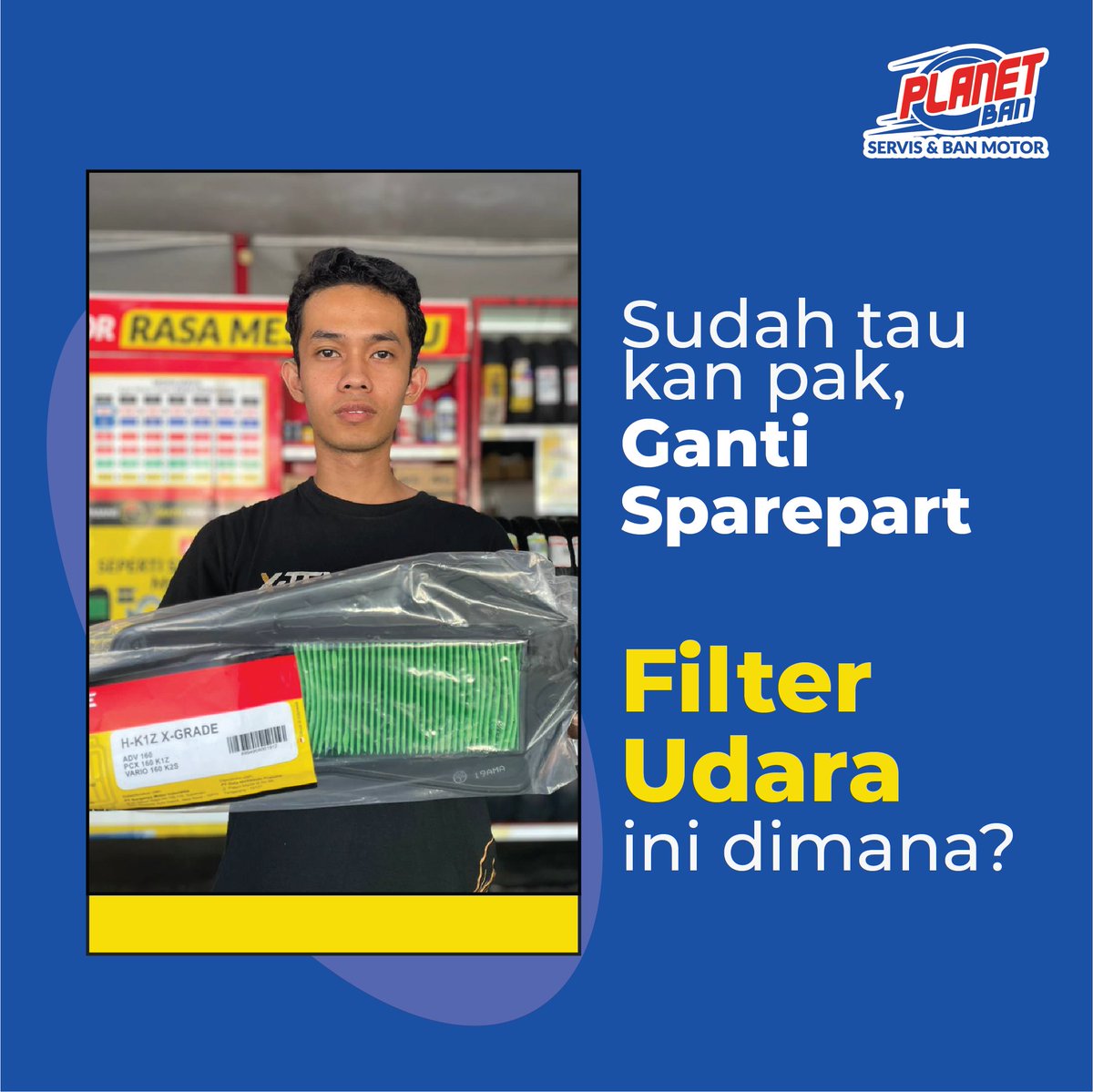 Aduuuh, Pak! Pokoknya bagian ini jangan sampai gak di cek yaaa😱

Filter udara merupakan komponen yang memiliki fungsi penting! Maka lakukan pengecekan dan jika sudah kotor, perlu diganti dengan yang baru..

Sudah tahu kan harus ganti sparepart ini dimana? Gaskeeeun hihihi~