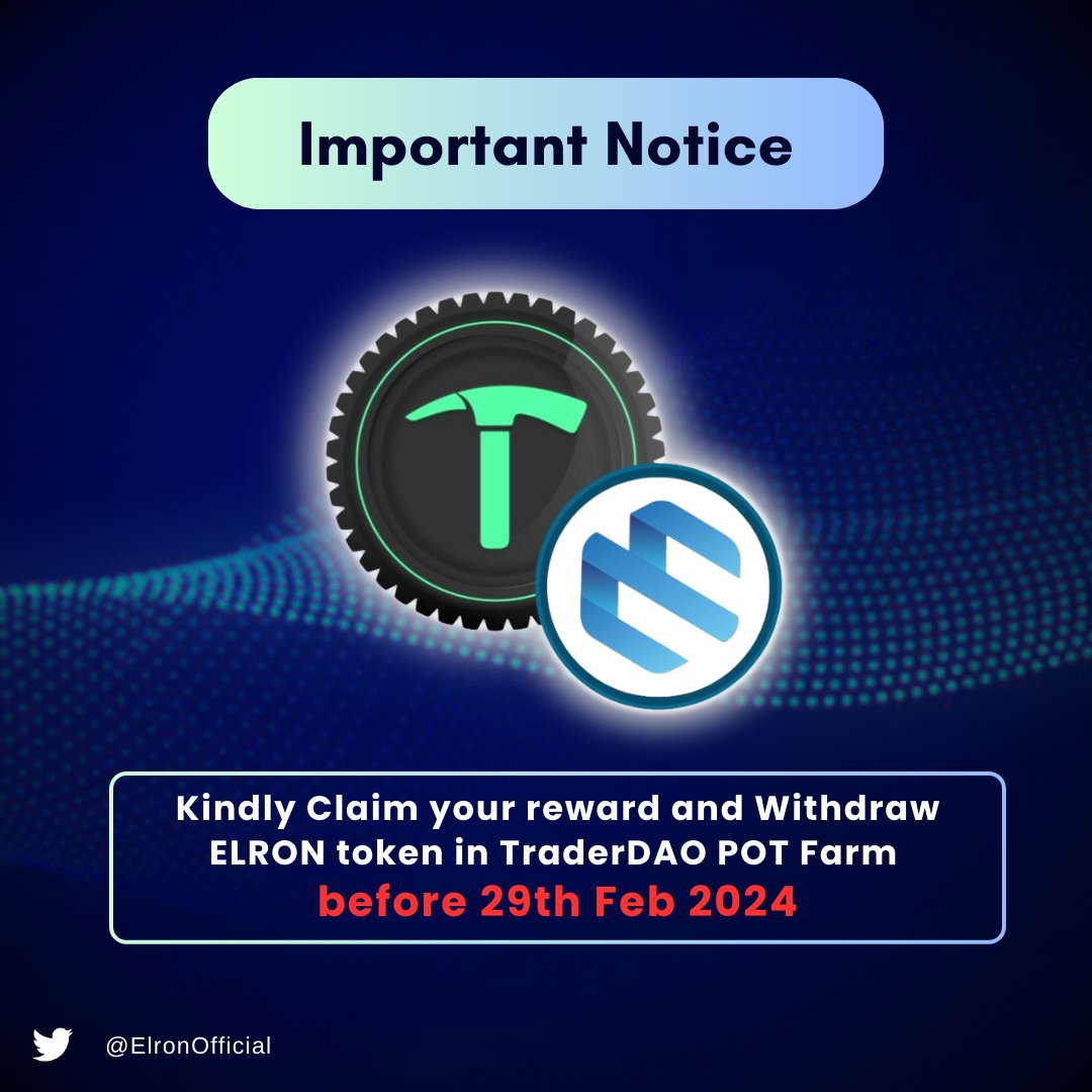 📢 Announcement 📢

Please be notified that staking pool with TraderDao will end on 29 Feb 2024 at 11:59 pm (UTC+8)

Please withdraw Elron tokens and claim BPot tokens before the deadline. After Feb 29th, there will no longer be available access to withdrawal &amp; claim functions💎