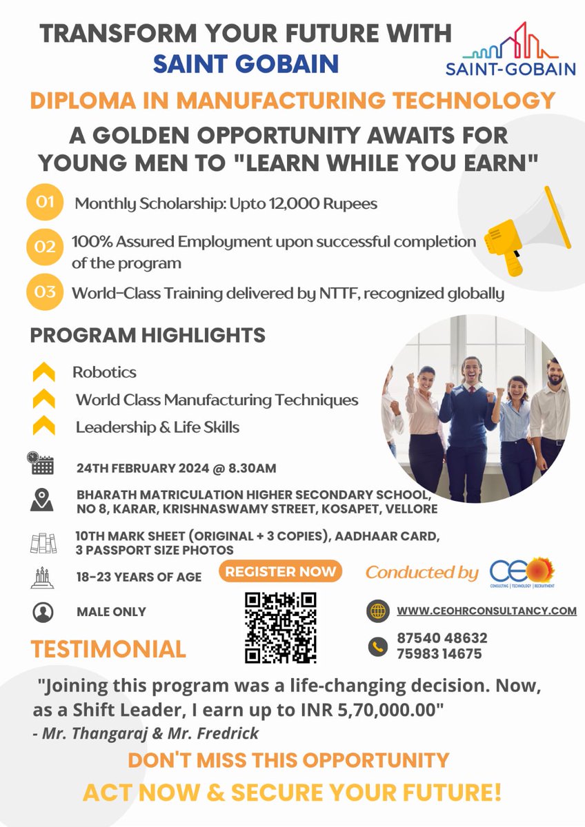 CEO_GROUPS's tweet photo. We are thrilled to announce that Saint Gobain India Private Limited, Chennai, is offering a unique opportunity for young men aged 18-23 to enroll in a 4-Year Diploma in Manufacturing Technology program through the "Learn while you Earn" initiative.
To apply link is in comments. https://t.co/MU09TmU9je