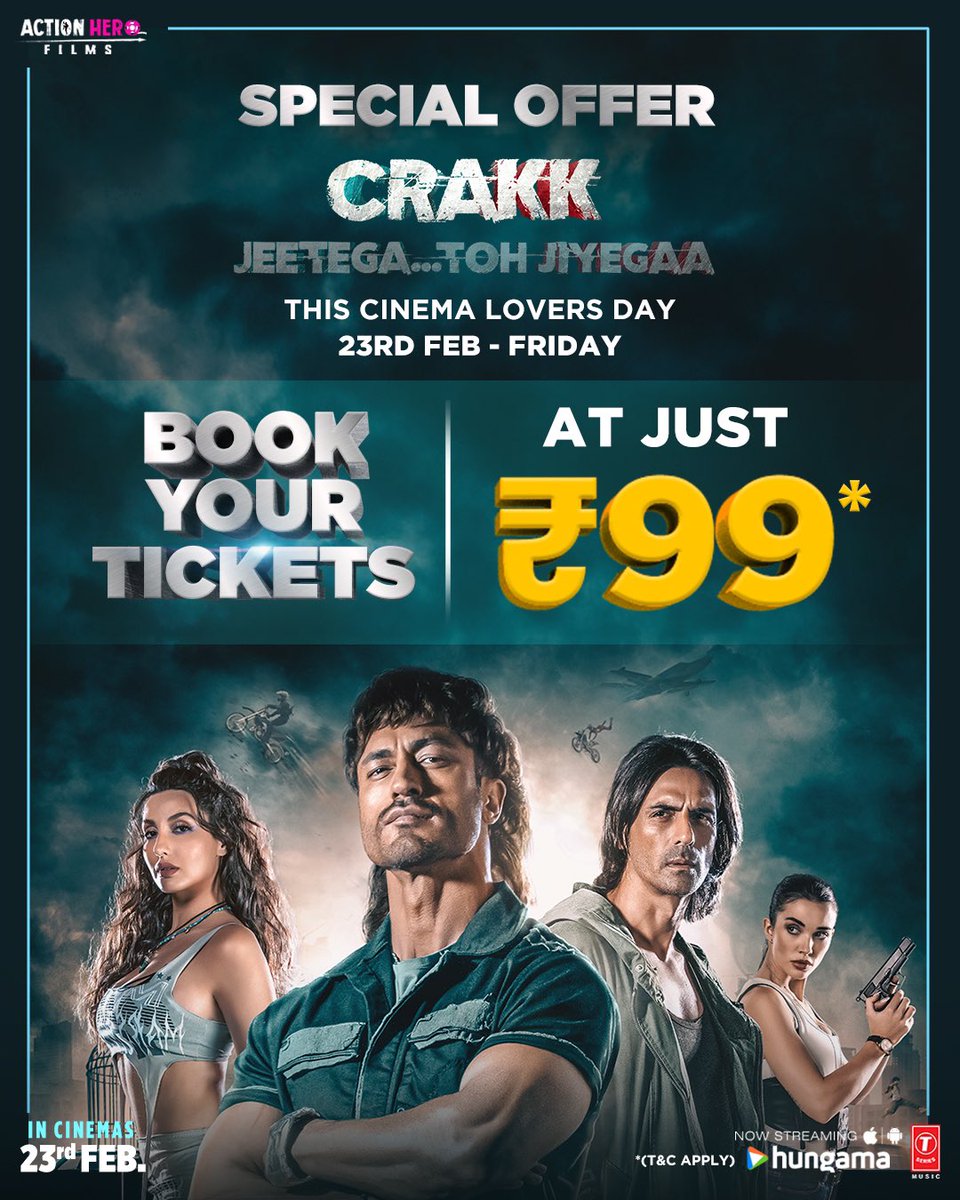 🚨 Listen up Crakks! 🚨 Book your tickets now for just Rs. 99/- ⚡ 🔗- in.bookmyshow.com/movies/crakk/E… Watch #CRAKK - Jeetegaa Toh Jiyegaa in theaters, this Friday! @ActionHeroFilm1 @TSeries #CrakkOn23rdFeb #JeetegaaTohJiyegaa