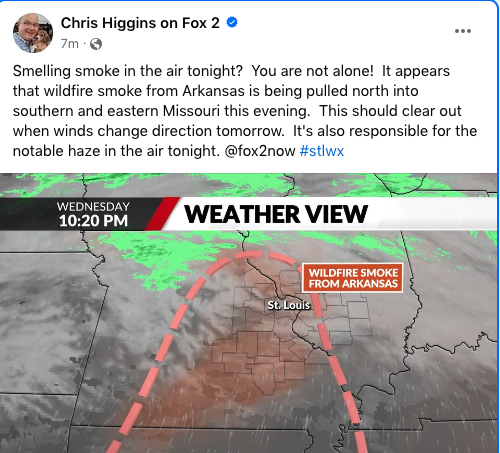 ScannerNewsSTL's tweet photo. 10:40 P-M: Odor of Smoke Continues: 
*Chris Higgins on Fox 2 is blaming wildfire smoke from Arkansas. https://t.co/IIjg3u5LdX