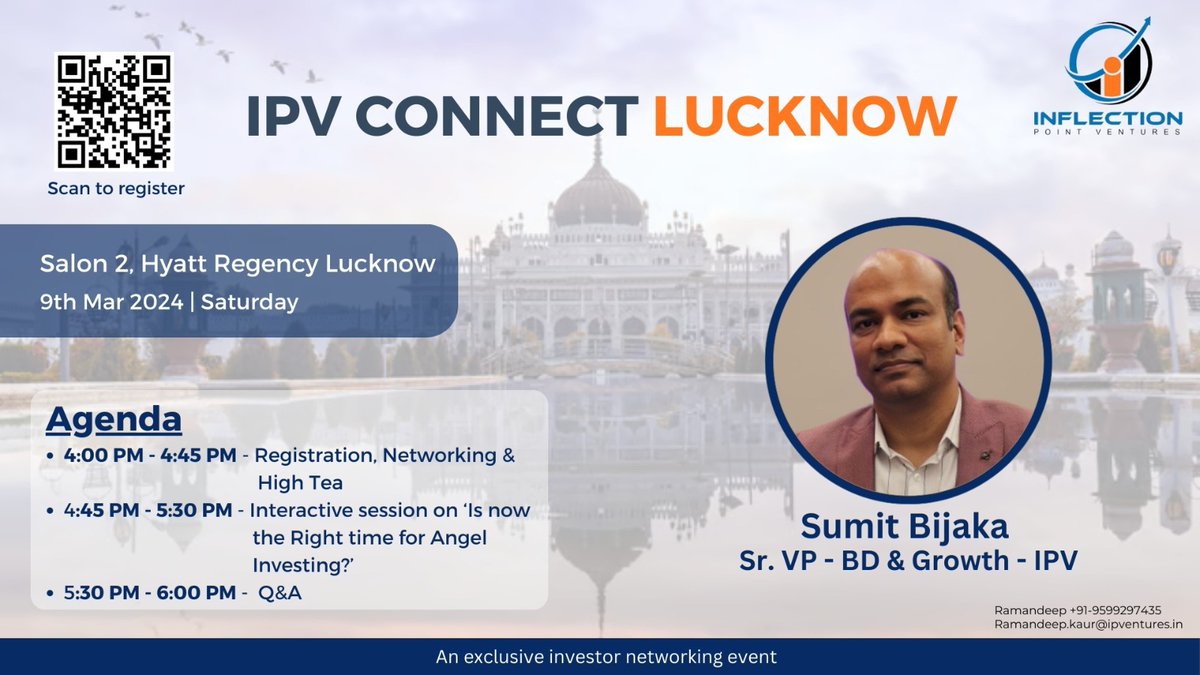 Prepare for an enriching experience at the IPV Investor Meet!   Join a distinctive gathering of leaders, investors, and entrepreneurs at IPV Connect in Lucknow.

 Register here: bit.ly/3T6cXtM

 #IPVConnect #lucknow #inflectionpointventures #MainBhiAngelwithIPV