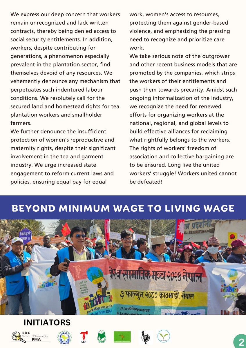 While workers face declining real wages, civil societies in #SouthAsia gathered @WSF2024nepal to advocate for a #livingwage, social security, women's reproductive rights & renewed effort to address issues associated w informalization in tea plantation & RMG sectors. Statement 👇