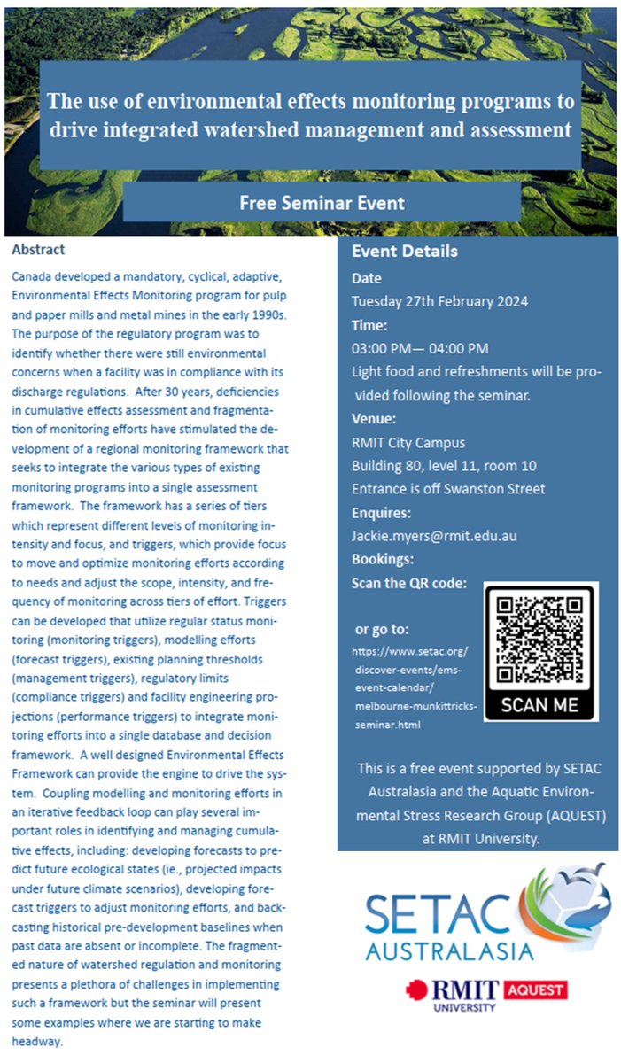 Together with @RMIT_aquest we're hosting a seminar featuring Prof. Kelly Munkittrick! 📅 Tues 27th Feb 2024 📍 RMIT City Campus or online 🌟 Free for all SETAC members! Register for in person here: setac.org/discover-event… or SETAC AU members check your email for the zoom link!