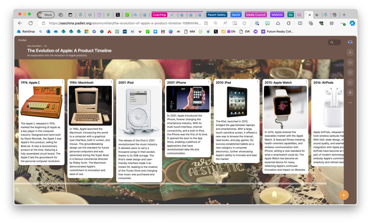 Holy cow! @Padlet's new AI features are amazing! Based on a role and a prompt, it can automatically make populated Padlets to use with your students! In the example below, I wrote, 'I'm a teacher; make a Padlet with the timeline of Apple's products.' #EdTech @Watnunu…