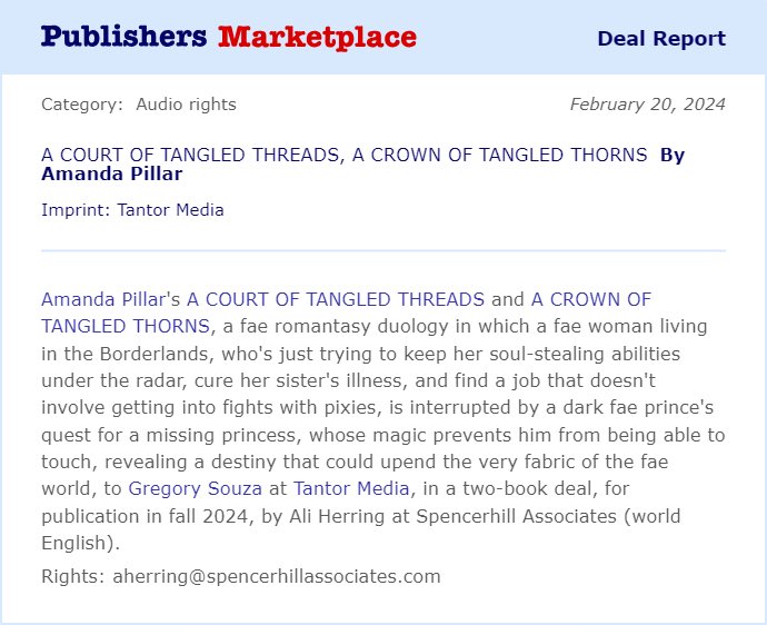 amanda_pillar's tweet photo. I’m super excited to share that I’ve signed a two book audio deal with @TantorAudio for my new #fantasyromance book series, A Court of Tangled Threads! Thank you to the amazing @HerringAli and ⁦@GregTantor⁩ 😊😊 https://t.co/Iy2gpWpEQ4
