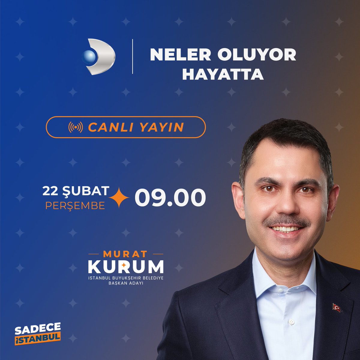 09.00'da Kanal D ekranlarında İstanbul’umuzun geleceğini konuşacağız. Sizleri de ekran başına bekliyorum.