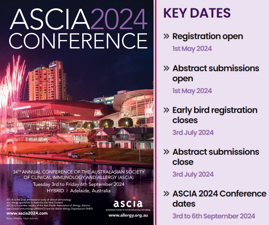 ascia_news's tweet photo. Save the date for the ASCIA 2024 Conference in Adelaide. Registration and abstract submissions open 1st May 2024.

#ASCIA2024 #ASCIA #allergy #immunology #CPD #medicaleducation https://t.co/P7RlN3P524
