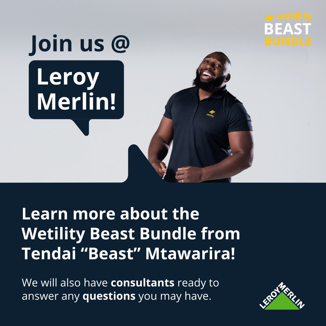 LeroyMerlinSA1's tweet photo. Join us for something exciting this Saturday at our Little Falls Store! 🎉 From 10 am until 2 pm, learn more about @WetilitySA and their Solar power offering. PLUS have a meet and greet with Tendai 'Beast' Mtawarira, Sam Lehoko and Dan Corder! 🤩 #LeroyMerlinSA #Wetility #Solar https://t.co/Q42UJxNFnj
