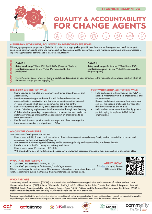 communitywsasia's tweet photo. 🎓Learning Camp 2024🎓
#QualityandAccountability for #ChangeAgents!
A 4-day workshop,following by mentoring.
🗓️Camp 1: 26th-29th April, 2024
📍Bangkok, Thailand
🔜Apply here before March 15th: https://t.co/KzJp0CS1oQ https://t.co/h2zuoNmmpG