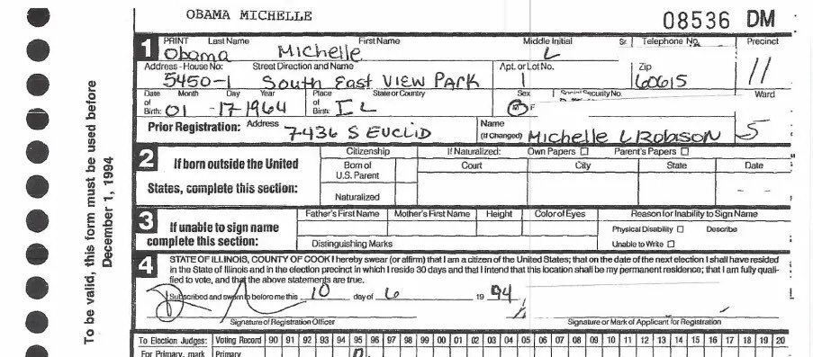 BREAKING: Michelle Obama registered to vote as a male at Chicago Board of Election in 1994 until 2008.
