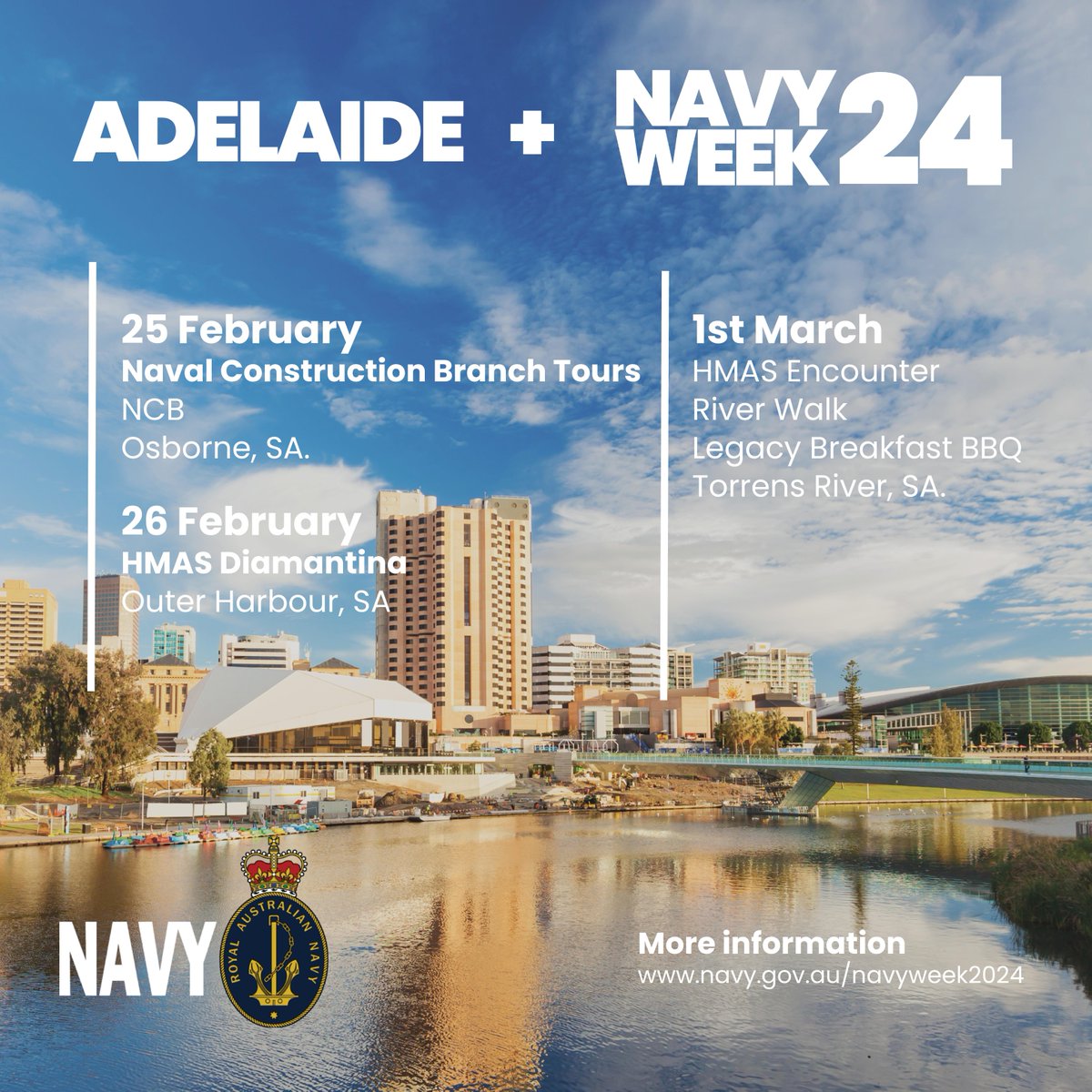 Australian_Navy's tweet photo. Radelaide, it's time! 🤩
Navy Week is almost here and we couldn't be more excited to open the gangways & welcome you to experience the Navy firsthand.
Events will be largely outdoors, so please remember to bring a hat, sunscreen & water, depending on the weather.
#NavyWeek24 https://t.co/veQt8Jvd3H