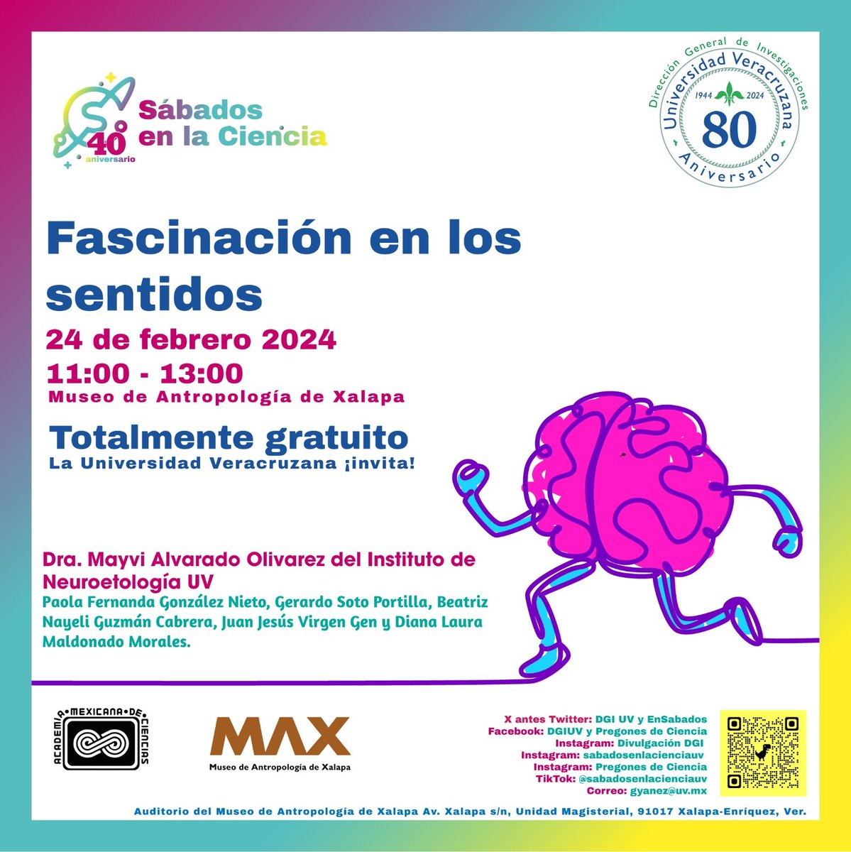 ¡Vuelve sábados en la ciencia!
¿Te gustan los sentidos? 🎉
Ven al Museo de Antropología de Xalapa el 24/02/2024 de 11:00 a 13:00 y vive "Fascinación en los Sentidos". 🌟
Entrada GRATIS.💫💰
#CienciaParaTodos #ExploraTusSentidos #sabadosenlaciencia