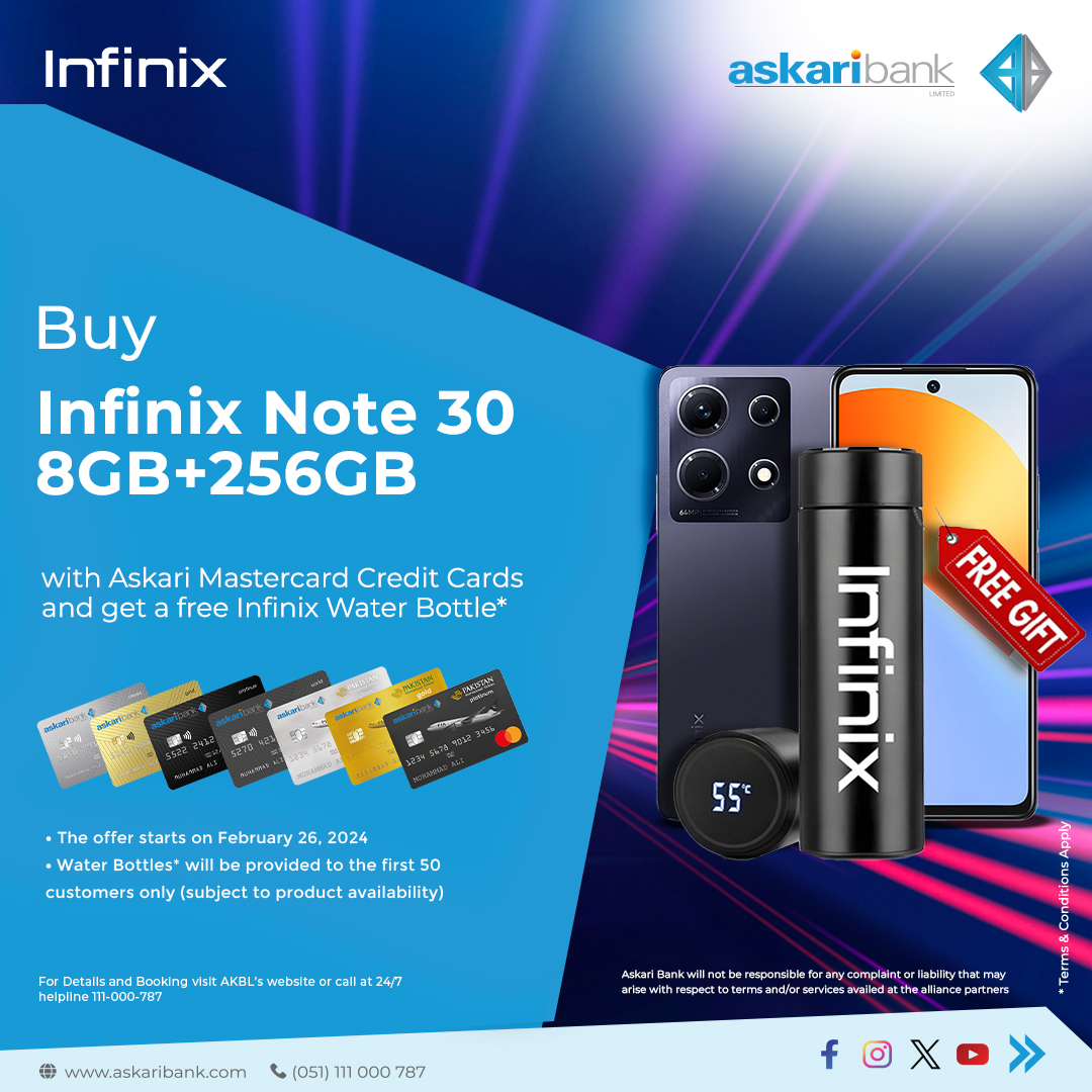 Treat yourself to the Note-worthy Infinix Note 30! Get 8GB RAM, 256GB storage, and a FREE water bottle* With your Askari Mastercard Credit Card. Offer starts February 26th, limited quantities available! Link: rb.gy/eydp0s #askaribank #dontmissout #exclusiveoffer