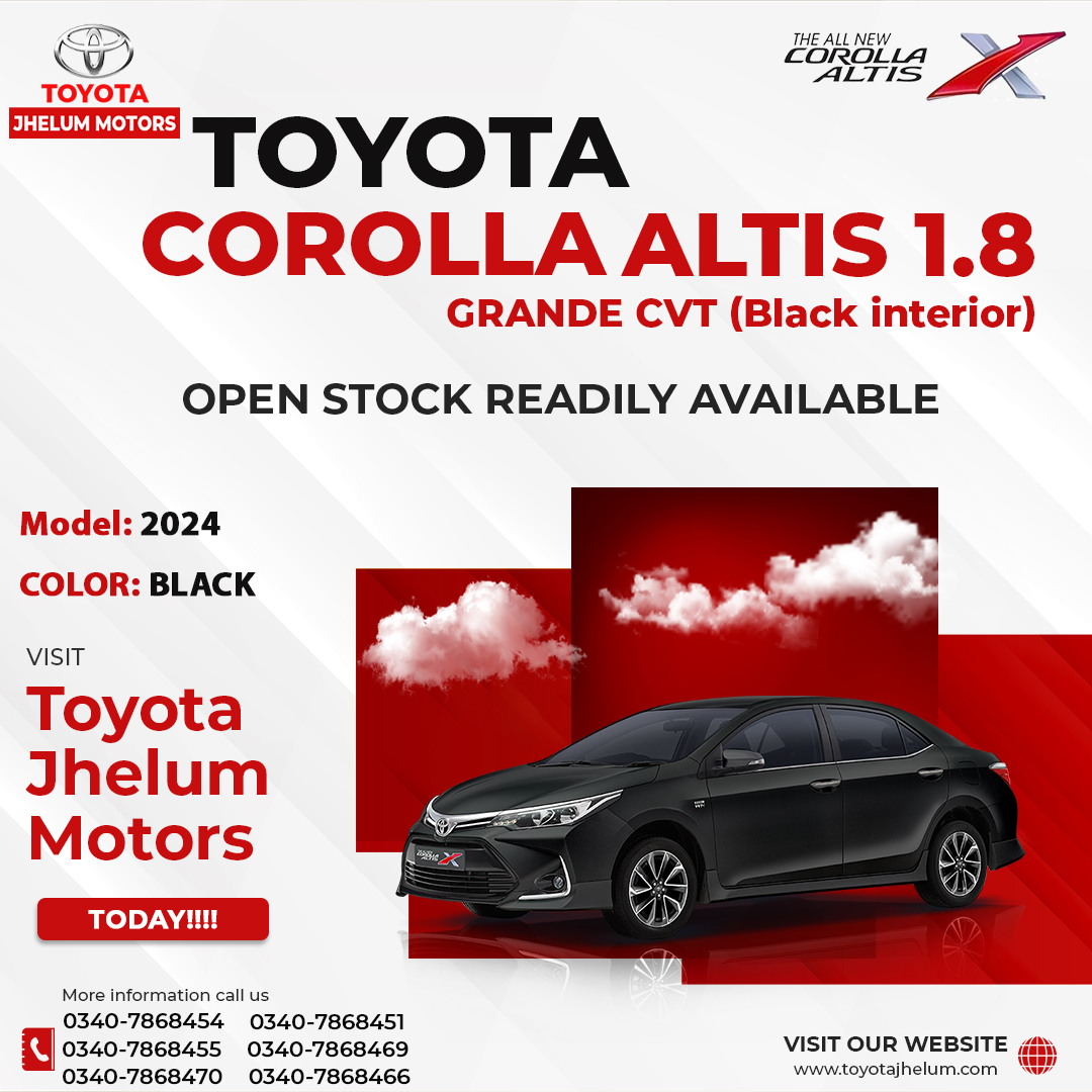 Ready for a thrilling drive?
Toyota Corolla Altis 1.8 Grande (Black interior) 2024 is now available in Ready stock at Toyota Jhelum Motors! Hurry, grab yours today!

#ToyotaJhelumMotors #readystockavailable  #toyotacorollaaltisgrande #ReadyForDelivery #ReadyForDelivery #Jhelum