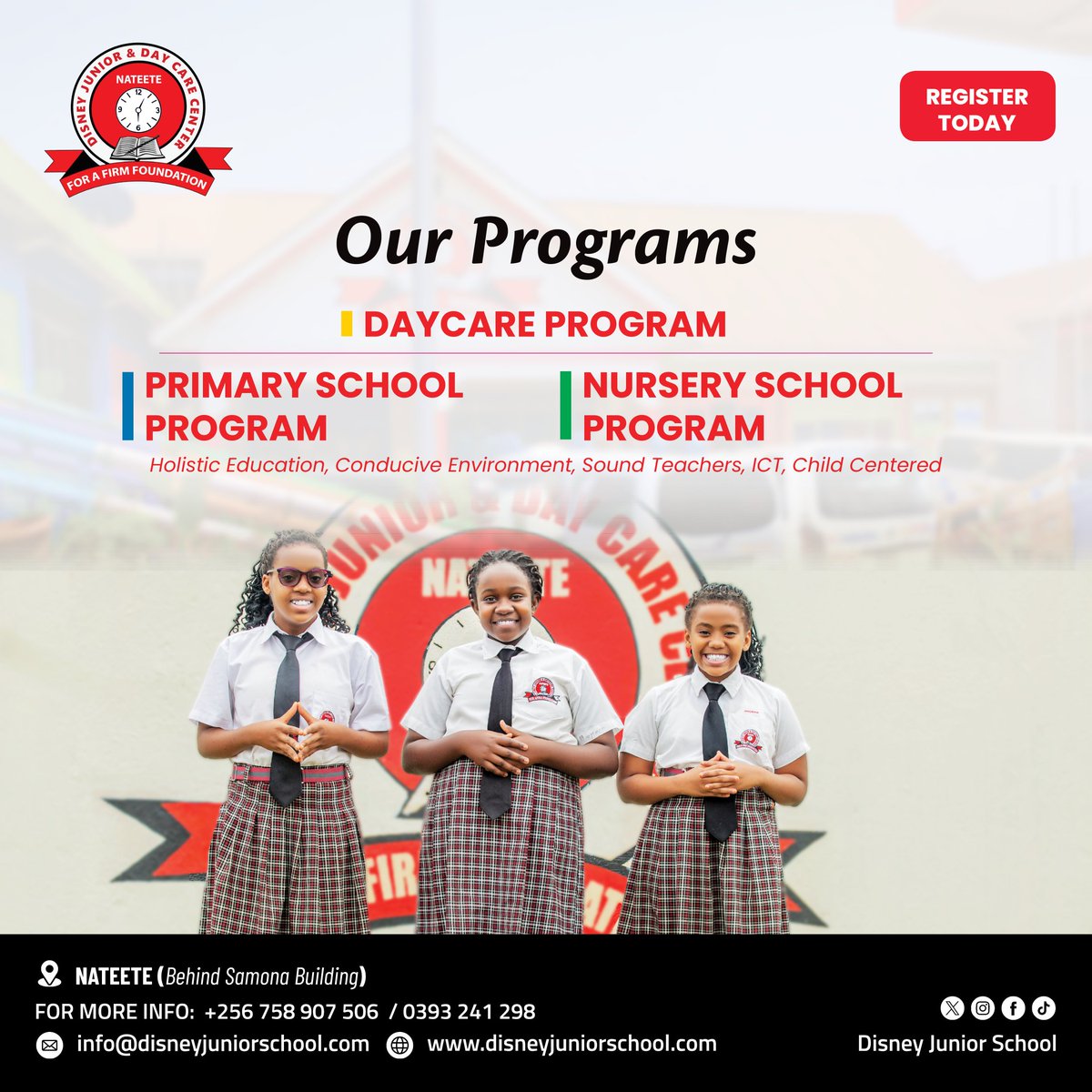 We provide all programs from  Daycare program to Primary school program  for children from 8 months to P.7 .

Join us for the best experience 
#RegisterAtDisneyJunior