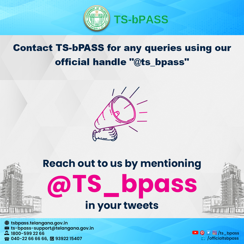 TG_bPASS's tweet photo. Need help with TS-bPASS? Please reach out to us using the @ts_bpass or #TSbPASS " in your tweets!

Also, It is requested to make a note of support services business hours. We are available on all working days, 10 AM to 6 PM.

#hyderabad #infrastructure #construction #development https://t.co/AD10w0qkTb