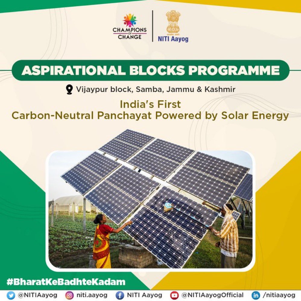 Renewable Energy Success Reflects Commitment to Sustainable Development

Under the #AspirationalBlocksProgramme, Palli village in Jammu's Samba district has achieved the milestone of becoming the first carbon-neutral panchayat in India. The village is fully powered by solar