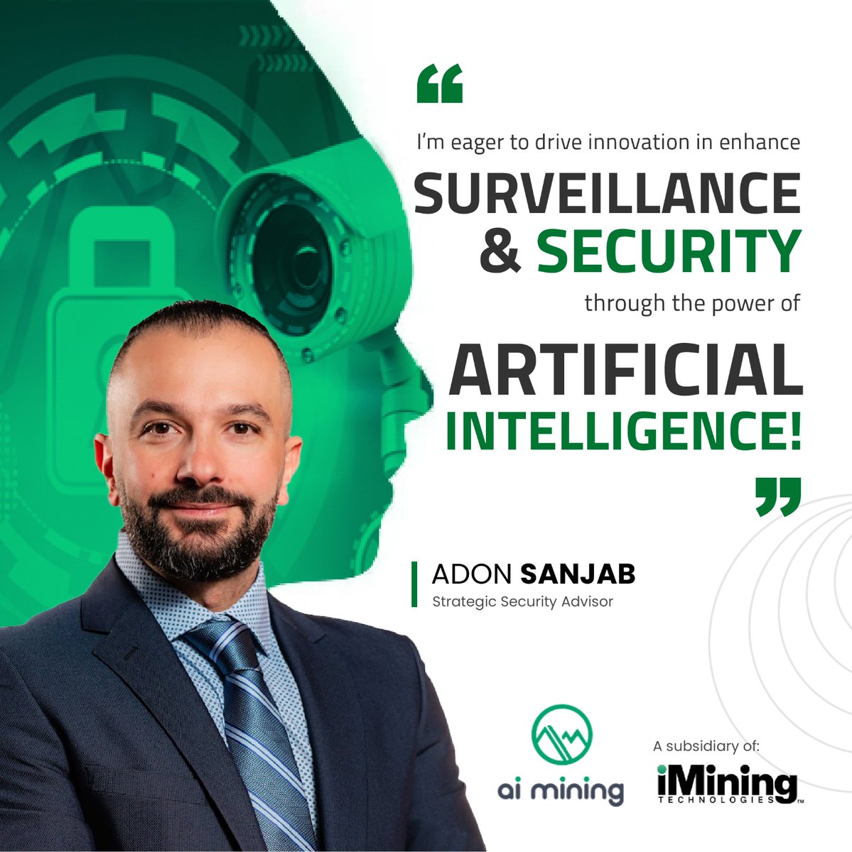 We are thrilled to announce <a href="/adonsanjab/">Adon Sanjab</a>  joining <a href="/aimining_tech/">AiMining Technologies</a>, a subsidiary of <a href="/iMiningInc/">iMining</a>, as an Advisory Board member! With his expertise in sales management &amp; strategic leadership, Adon will drive AI innovation in surveillance &amp; security.
More info: bit.ly/3I6zn7U