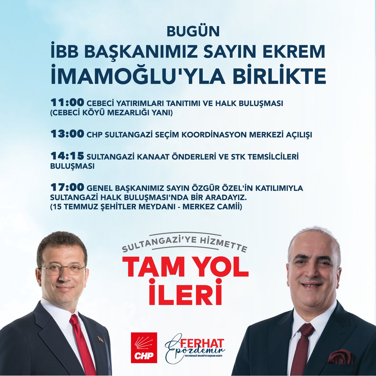 Günaydın Sultangazi’m!

Bugün İstanbul Büyükşehir Belediye Başkanımız Ekrem İmamoğlu ile birlikte Sultangazi’mizde çalışmalarımızı gerçekleştireceğiz. Tüm partililerimiz ve komşularımız davetlidir. #SultangaziNefesAlacak #TamYolİleri