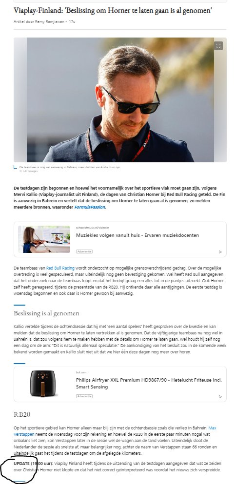 commonsense0203's tweet image. Dit is hoe de media rolt. Het bericht gewoon plaatsen maar niet rectificeren, en helemaal onderaan het bericht een update plaatsen dat er dat er geen kloten van waar is. #GPBLOG #ViaplayF1fi #ViaplayF1 #Horner