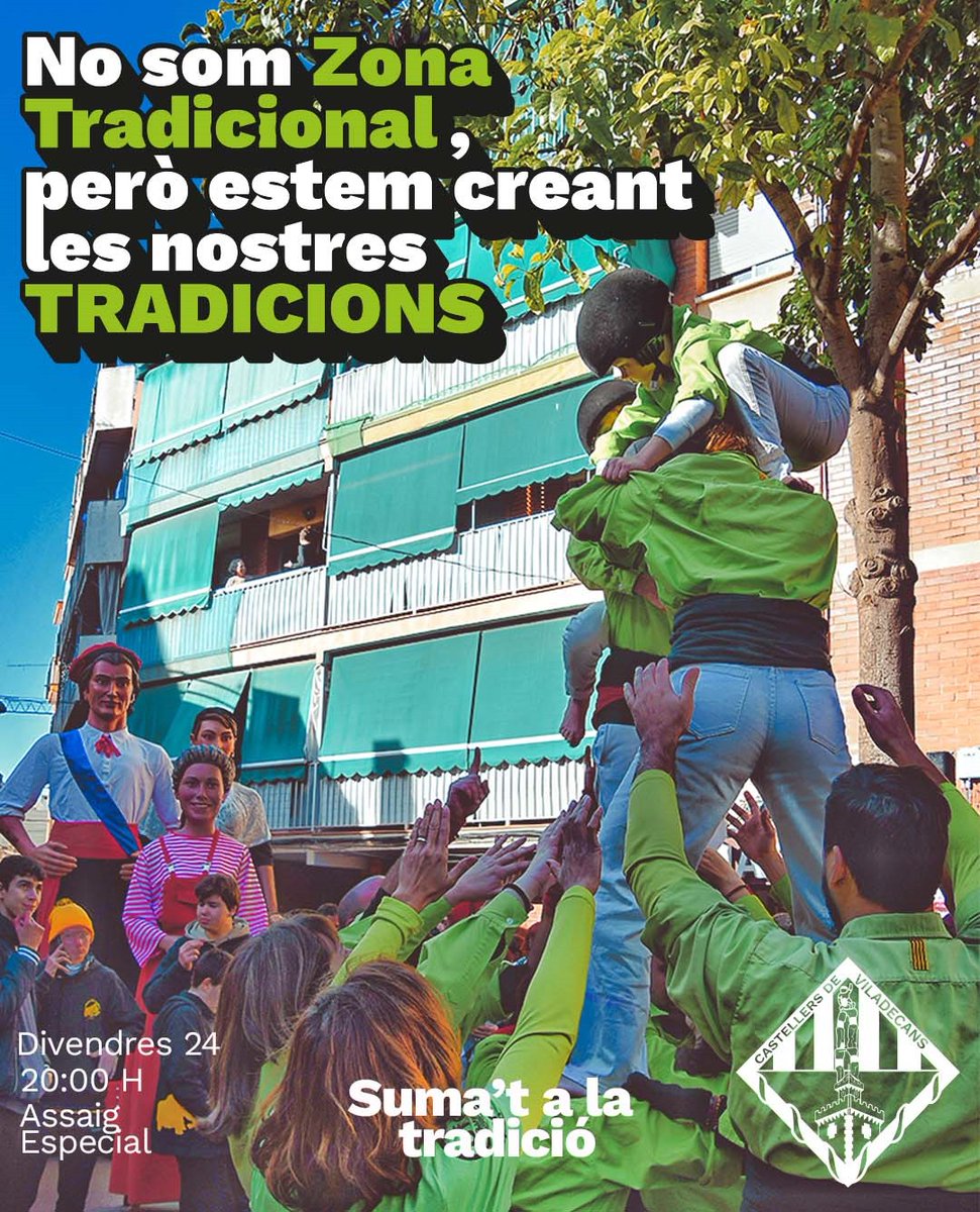 💚SUMA'T A LA TRADICIÓ!💚
A #Viladecans no som zona tradicional castellera, però sí tenim una Colla que lluita, dia rere dia, per seguir endavant! I ara et necessita a TU!💪🏼

Demà, vine a descobrir-nos!🤩
A les 20h a l'Escola Enxaneta: fes poble, fes tradició, fes Viladecans!🔥