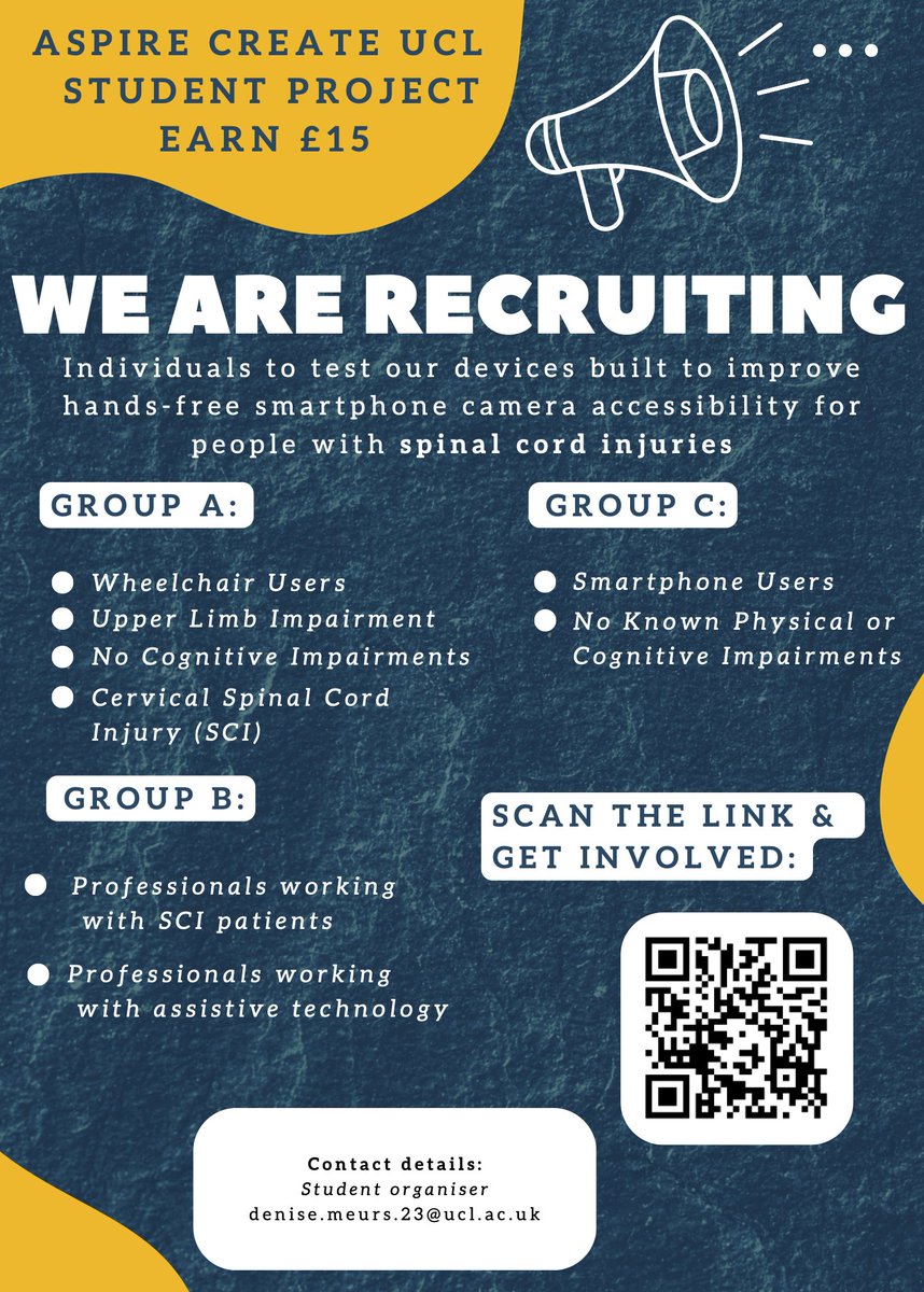 Our REAT MSc students are seeking people to test their assistive robotic arms to help #wheelchair users position their smartphone cameras. We are looking for people with cervical spinal cord injuries (SCI) and AT/SCI professionals. forms.office.com/e/22W6YAEYzf @AspireCharity