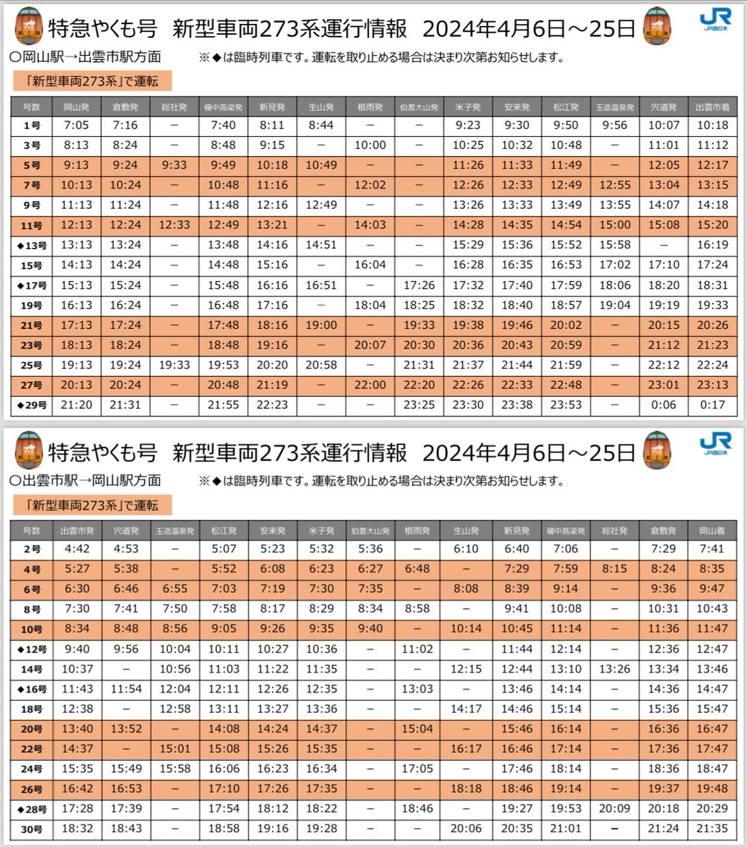 運行計画のご案内🟠🟣🟢🟤 「国鉄色」「スーパーやくも色」「緑やくも