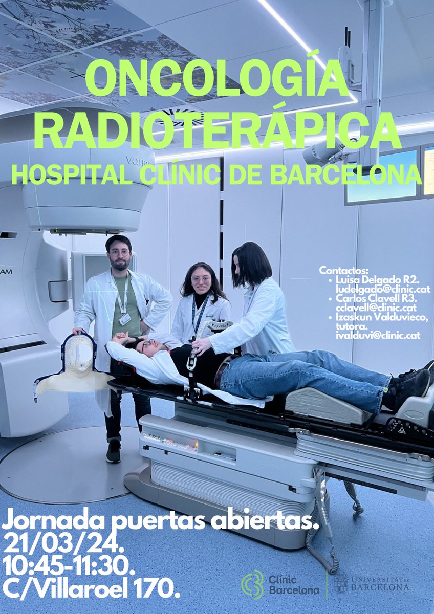 ¿Eres estudiante #MIR24 #MIR2024 y te interesa la Oncología Radioterápica? Especialidad bonita, en crecimiento, con aumento de indicaciones y equipamiento. Si te interesa ven a conocernos! <a href="/hospitalclinic/">Hospital Clínic</a>. Apúntate en tinyurl.com/3fn74em8. 21/03 a las 10:00am. #OncRad #RadOnc