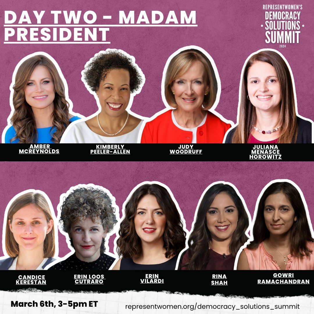 RepresentWomen's tweet photo. We are excited for Day 2! Introducing @JudyWoodruff, @kimberp_a, @DemsAbroad, @amber_mcreynolds, @RinaInDC, @erinlooscultaro,  @pewresearch, @ErinVilardi, @GRamachandran0 as our # 2024DSS Day 2 speakers. Register today [https://t.co/7UbGhDll1m] https://t.co/SKKRjZzdYk