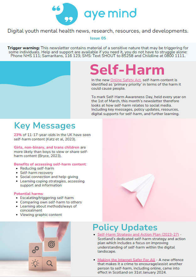 ayemind99's tweet photo. Talking about online activity is important when supporting people who self-harm 💬

📚 Our latest Aye Mind newsletter looks at digital dimensions of self-harm so that you can help people have safe &amp; positive experiences online.

Download it ahead of #SIAD
https://t.co/eIDkEE5wyB https://t.co/iBKwzf9fvq