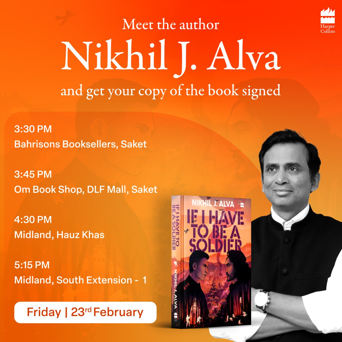#Delhi readers, get signed copies of @njalva's stunning novel #IfIHaveToBeASoldier from local bookstores and get a chance to meet him on 23rd February at @Bahrisons_books, @Ombookshops, @midlandbook and @midlandsouthex.