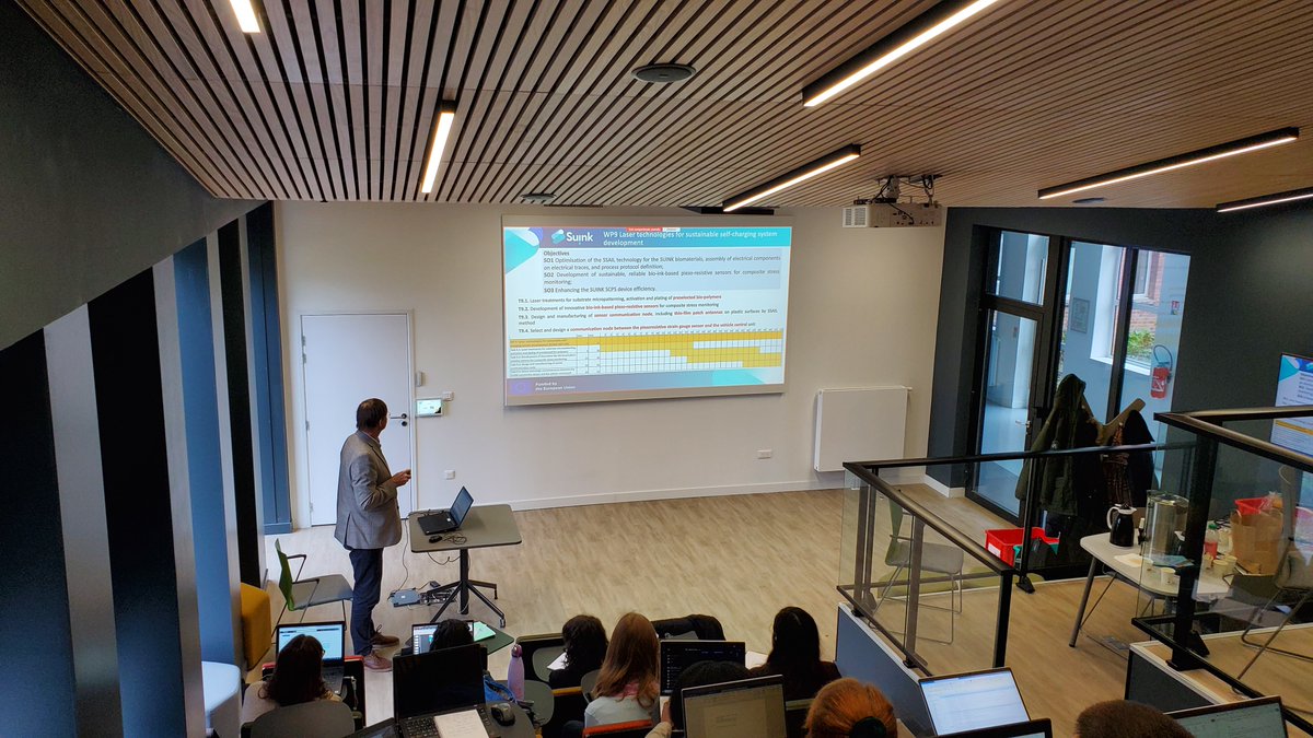 Today we are in Douai 🇫🇷 for our consortium meeting, hosted by @IMT_NordEurope. Gediminas Račiukaitis of Center for Physical Sciences and Technology (FTMC) of 🇱🇹, new project partner, is presenting its work on #laser technologies for sustainable self-charging system development