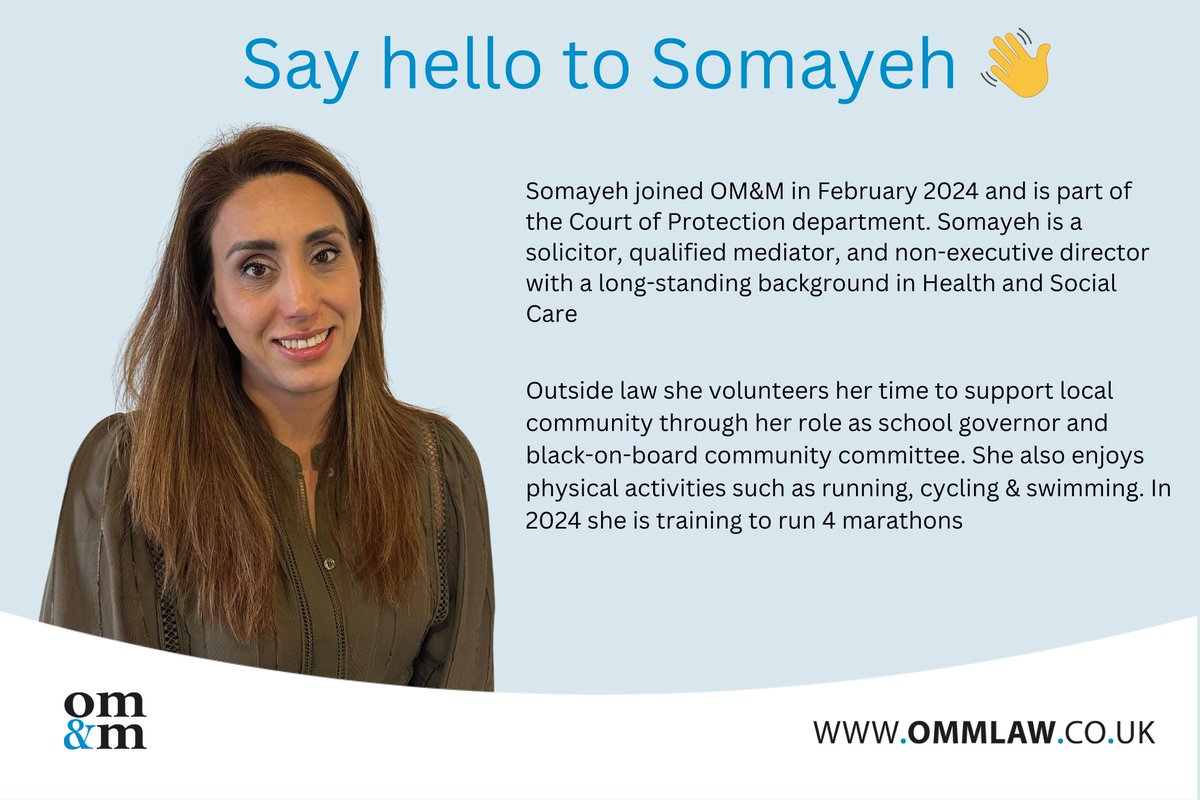 NEW STARTER ALERT 🚨

Join us in welcoming our newest staff member, Somayeh Tosi 👋

Somayeh has joined us as part of the Court of Protection Department.

Welcome Somayeh! It's great to have you here at OM&M 💙
#NewStarter #Welcome #CourtofProtection #Solicitors