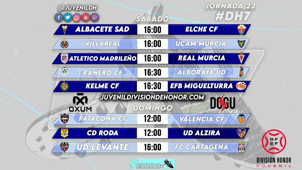 ⏰ HORARIOS JORNADA 2️⃣2️⃣ #DH7🏆 ⏰ 💥 @CanteraGranota 🔵🔴 ⚔️ @FCC_Cantera ⚫️⚪️ ⚽ @AlbaceteBPSAD ⚪️⚫️ en 🏡 frente a @futbolbaseECF 🟢⚪️ 🔥 🔴⚪️ @AtletiAcademia 🆚 @canteragrana ⚪️🔴 #JuvenilDH👟