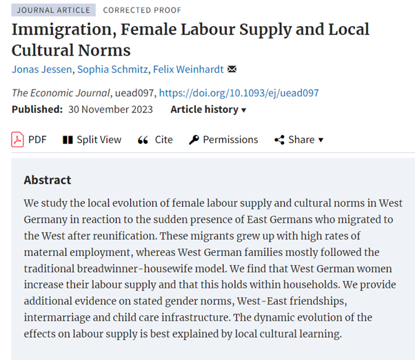 The Economic Journal (@ej_res) on Twitter photo Forthcoming at EJ: ‘Immigration, Female Labour Supply and Local Cultural Norms’ by Jonas Jessen, Sophia Schmitz, Felix Weinhardt doi.org/10.1093/ej/uea… <a href="/jonasjessen/">Jonas Jessen</a> <a href="/FelixWeinhardt/">Felix Weinhardt</a> <a href="/RoyalEconSoc/">Royal Economic Society</a> @OUPEconomics #EconTwitter Forthcoming at EJ: ‘Immigration, Female Labour Supply and Local Cultural Norms’ by Jonas Jessen, Sophia Schmitz, Felix Weinhardt doi.org/10.1093/ej/uea… <a href="/jonasjessen/">Jonas Jessen</a> <a href="/FelixWeinhardt/">Felix Weinhardt</a> <a href="/RoyalEconSoc/">Royal Economic Society</a> @OUPEconomics #EconTwitter