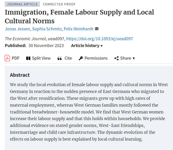 Forthcoming at EJ: ‘Immigration, Female Labour Supply and Local Cultural Norms’ by Jonas Jessen, Sophia Schmitz, Felix Weinhardt doi.org/10.1093/ej/uea… @jonasjessen @FelixWeinhardt @RoyalEconSoc @OUPEconomics #EconTwitter