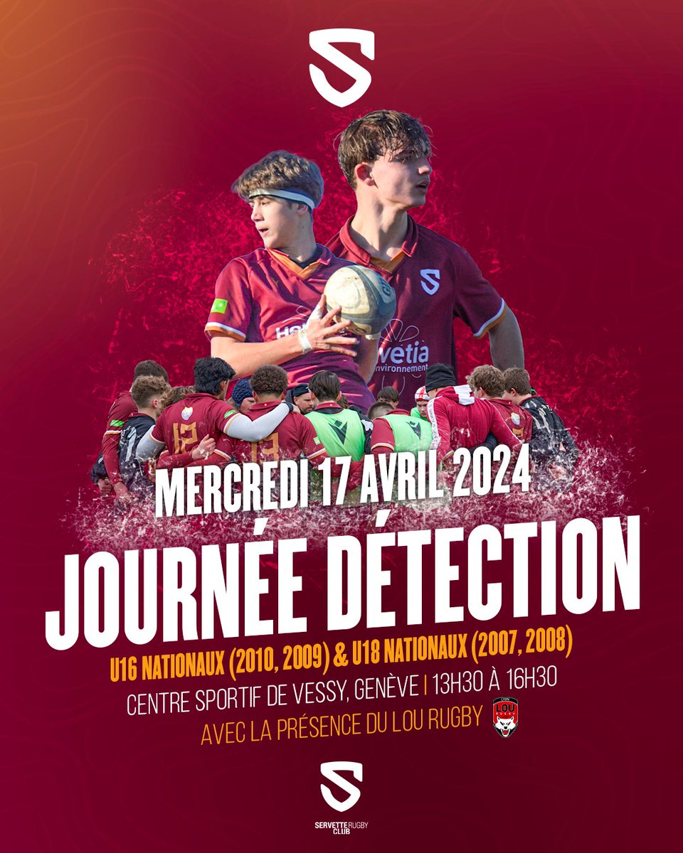 𝗝𝗼𝘂𝗿𝗻𝗲́𝗲 𝗱𝗲 𝗗𝗲́𝘁𝗲𝗰𝘁𝗶𝗼𝗻 𝟮𝟬𝟮𝟰 🇱🇻🏉 

Le Servette RC organise une journée de détection le mercredi 17 avril 2024 🔥

📍 Centre Sportif de Vessy, Genève
🤝 Présence du <a href="/LeLOURugby/">LOU Rugby</a>

✍🏻  Pour candidater, remplissez ce formulaire 👉 bit.ly/journée_détect…