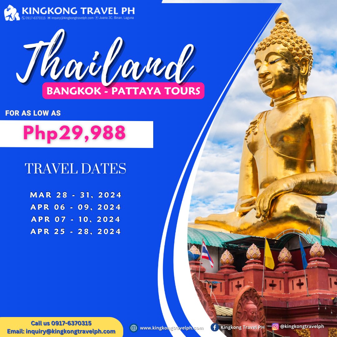kingkong_ph's tweet photo. Ready for an adventure in Thailand? 🇹🇭 Don't miss out – reserve your spot today and let's make your dream vacation a reality! 💼✈️ Ready to travel? Let's talk.
☎️ 0917-6370315
📧 inquiry@kingkongtravelph.com
🌐 https://t.co/NmSeRkade3

#BangkokPattayaBound #KingkongTravelPh https://t.co/xcOsA5PzKT