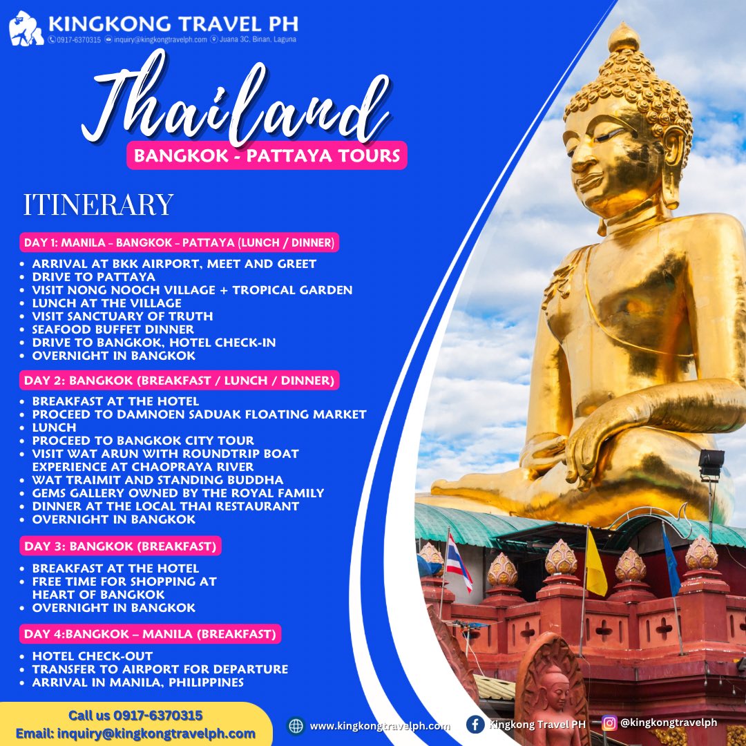 kingkong_ph's tweet photo. Ready for an adventure in Thailand? 🇹🇭 Don't miss out – reserve your spot today and let's make your dream vacation a reality! 💼✈️ Ready to travel? Let's talk.
☎️ 0917-6370315
📧 inquiry@kingkongtravelph.com
🌐 https://t.co/NmSeRkade3

#BangkokPattayaBound #KingkongTravelPh https://t.co/xcOsA5PzKT