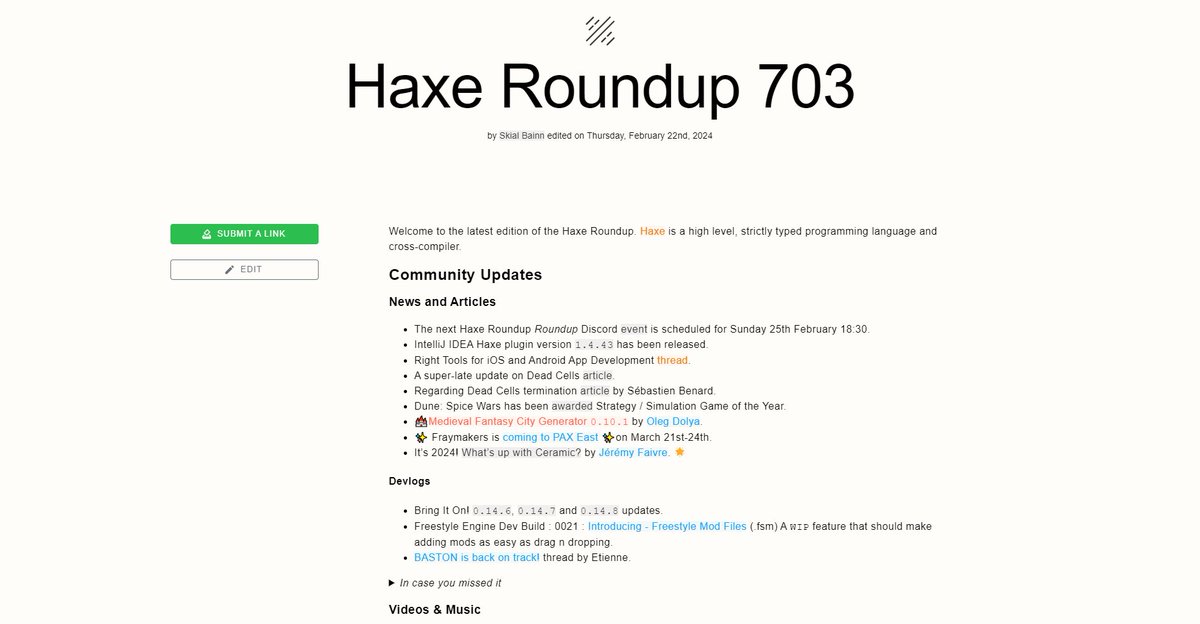 #Haxe Roundup 703 haxe.io/roundups/703/ is out!

Game awards &amp; cancellations. Devlogs, events, articles, trailers and video tutorials! 📰📺

The latest coroutines progress and other core updates.

Plus lots more developements from the community over the last two weeks! 🔥