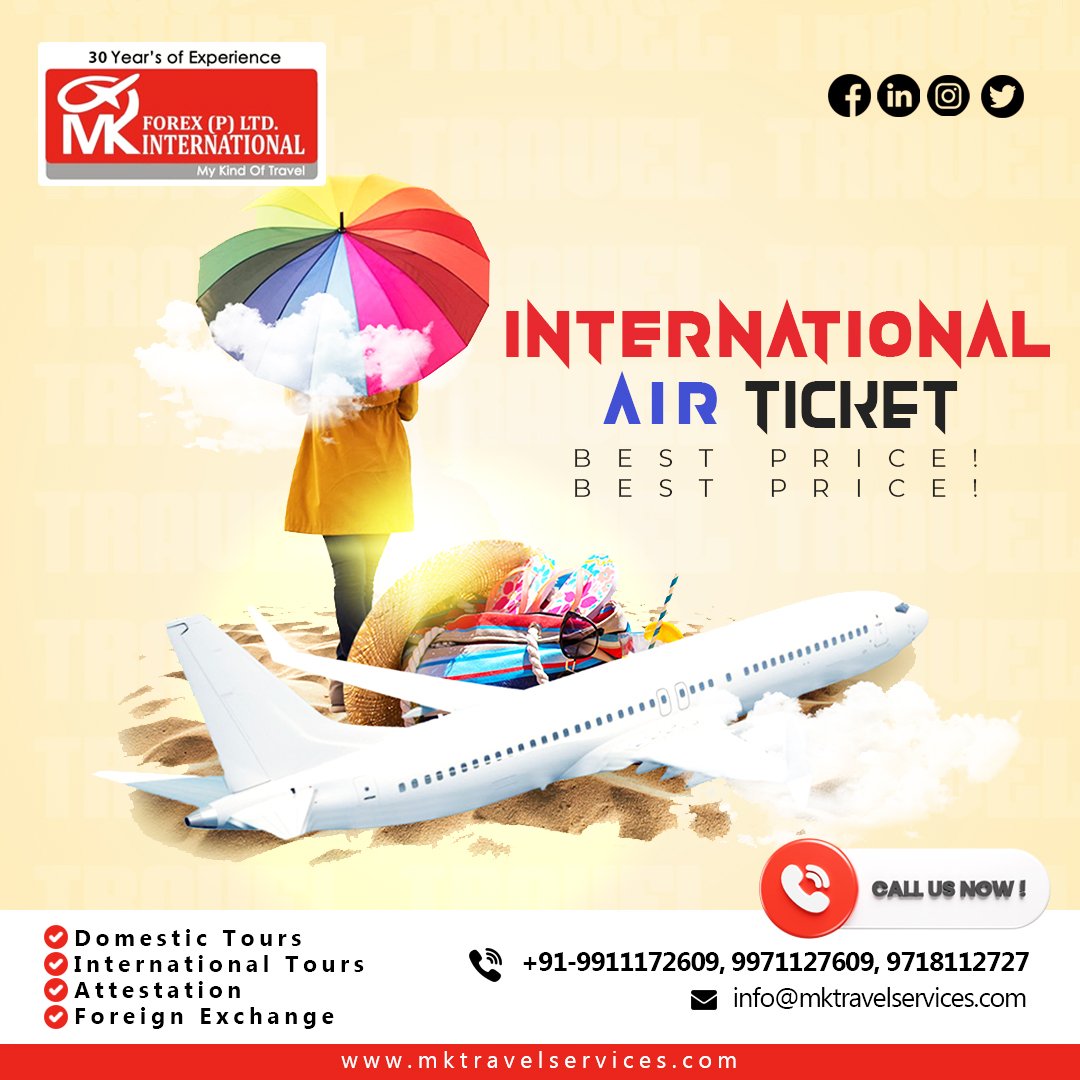 Explore the world with ease! ✈️ MK Travels offers seamless international air tickets for your next adventure. Say hello to new horizons and unforgettable experiences. Book now and let your journey begin! #TravelWithMK #AirTicketDeals #ExploreTheWorld #Wanderlust #AdventureAwaits